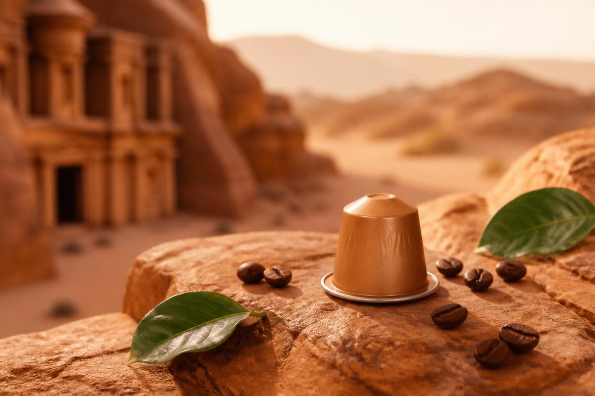 Belmio coffee capsule with Jordanian Petra landscape